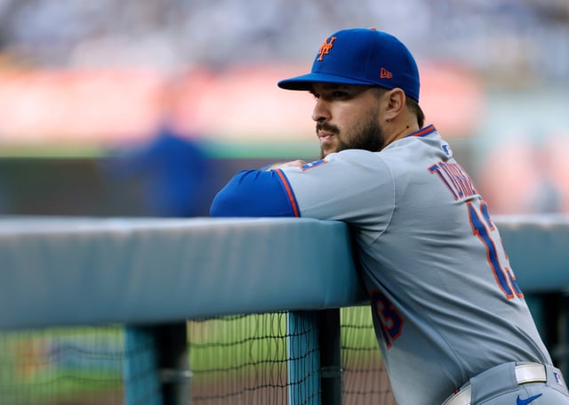 LOS ANGELES, CALIFORNIA - JUNE 02: Luis Torrens #13 of the New York Mets looks out from the dugout before the game against the Los Angeles Dodgers at Dodger Stadium on June 02, 2025 in Los Angeles, California. (Photo by Harry How/Getty Images)