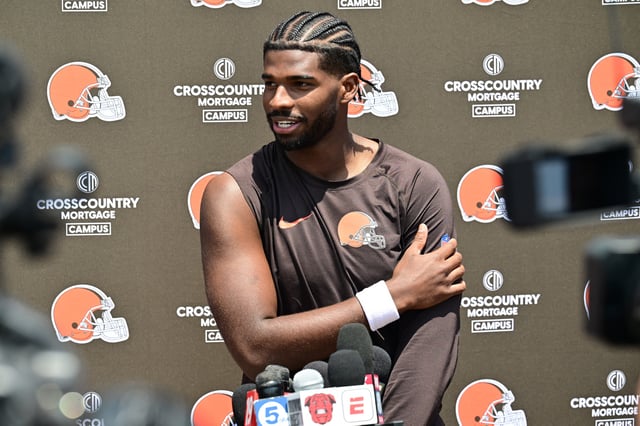 Jun 10, 2025; Berea, OH, USA; Cleveland Browns quarterback Shedeur Sanders (12) talks to the media during minicamp at CrossCountry Mortgage Campus. Mandatory Credit: Ken Blaze-Imagn Images/File Photo