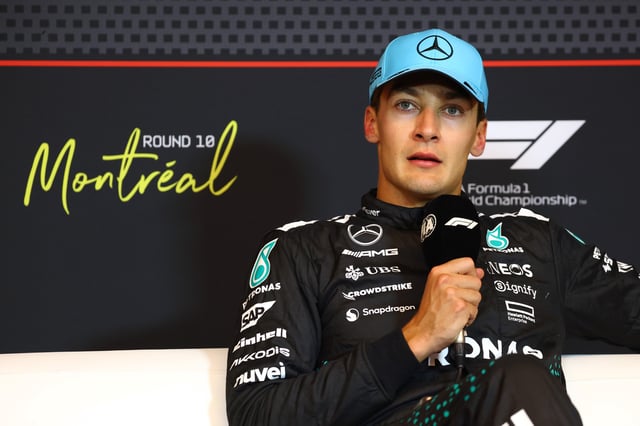Race winner George Russell of Great Britain and Mercedes AMG Petronas F1 Team in the Drivers Press Conference during the F1 Grand Prix of Canada at Circuit Gilles-Villeneuve on June 15, 2025 in Montreal, Quebec.