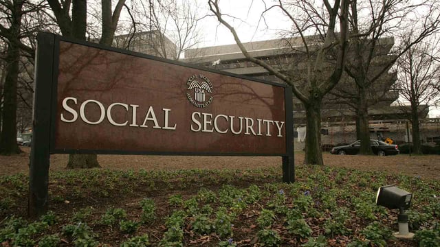 A sign marks the entrance to the headquarters of the Social Security Administration located on Security Boulevard in Baltimore, Maryland. 