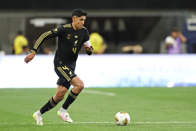 Edson Alvarez #4 of Mexico drives the ball during the Group Stage - Group A match between Mexico and Dominican Republic as part of the 2025 CONCACAF Gold Cup at SoFi Stadium on June 14, 2025 in Inglewood, California.