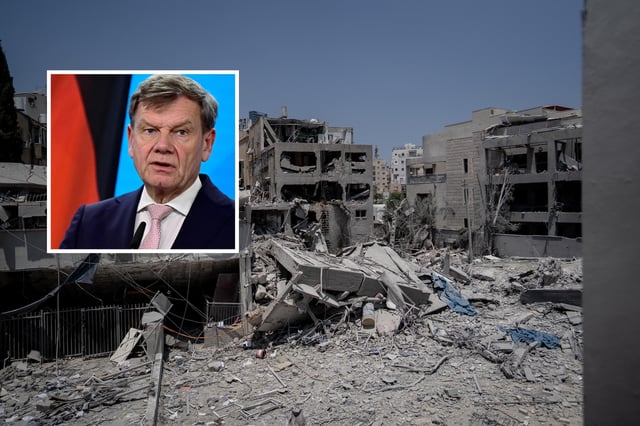 A view of the ruins in Bnei Brak on June 17, 2025, where an Iranian ballistic missile landed Monday. INSET: German Foreign Minister Johann Wadephul gives a press conference with his Jordanian counterpart (not in picture) at the Foreign Office in Berlin on June 18, 2025.