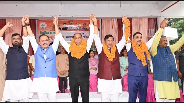 BJP state chief Rajeev Bindal, leader of opposition Jai Ram Thakur, MP Suresh Kashyap and other BJP leaders during the Viksit Bharat Sankalp Sabha at Paonta Sahib in Sirmaur district on Wednesday. (HT Photo)