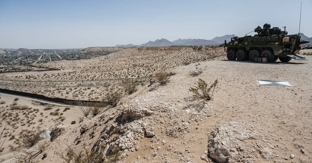 A U.S. Army M1126 Infantry Carrier Vehicle, known as a Stryker, deployed to the U.S.-Mexico border under Title 10 in Sunland Park, New Mexico on March 28, 2025.