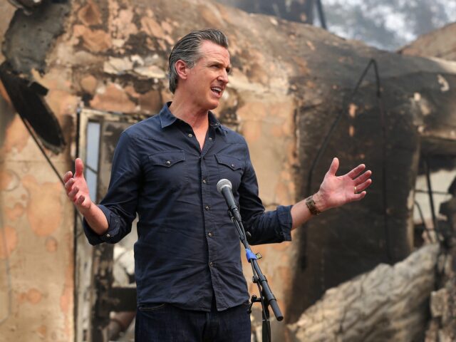 California Governor Gavin Newsom speaks at a press conference while touring areas damaged by the Glass Fire at Foothills Elementary School near St. Helena, Calif., Thursday, Oct. 1, 2020. (Christopher Chung/The Press Democrat via AP, Pool)