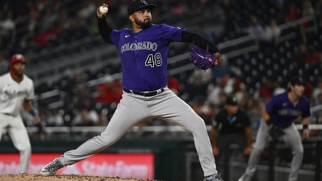 Jun 18, 2025; Washington, District of Columbia, USA; Colorado Rockies starting pitcher German Marquez (48) throws to the Washington Nationals during the third inning at Nationals Park. Mandatory Credit: Brad Mills-Imagn Images
