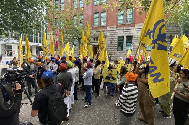Protesters gathered outside the Indian consulate in downtown Vancouver on Wednesday June 18, 2025, marking two years since the assassination of Sikh community leader Hardeep Singh Nijjar. 