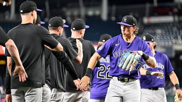 The Colorado Rockies’ Jordan Beck (27) celebrates with teammates after a 3-1 victory against the Washington Nationals at Nationals Park on Wednesday, June 18, 2025, in Washington, D.C. (Greg Fiume/Getty Images/TNS)