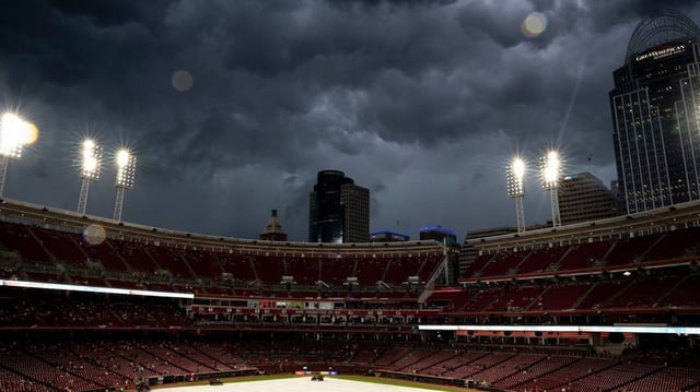 A storm delays the MLB game between Cincinnati Reds and Minnesota Twins at Great American Ball Park in Cincinnati on Wednesday, June 18, 2025.