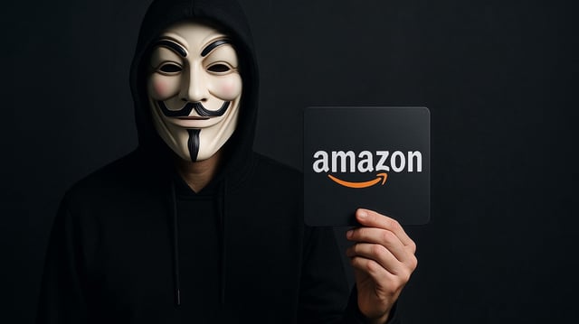 Mann mit Guy-Fawkes-Maske hält ein Amazon-Logo in der Hand