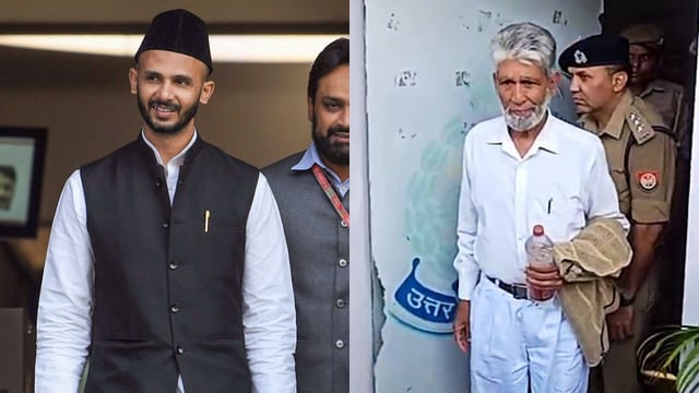 File photo of Samajwadi Party MP Zia-ur-Rehman Barq (L), Shahi Jama Masjid committee head Zafar Ali being taken into police custody in March (R) | ANI