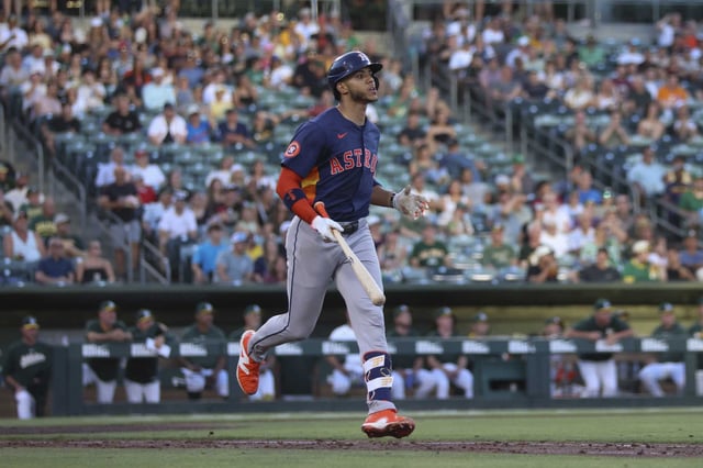 Houston Astros&#39; Jeremy Peña looks to see if the ball will land as he hits a single that scores a run during the fourth inning of a baseball game Wednesday, June 18, 2025, in West Sacramento, Calif. (AP Photo/Scott Marshall)