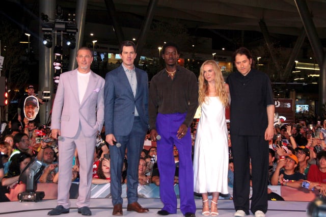 Brad Pitt, Joseph Kosinski, Damson Idris, Kerry Condon, and Jerry Bruckheimer pose for photo, on the F1 movie Red Carpet at Parque Toreo on June 9, 2025 in Mexico City, Mexico.