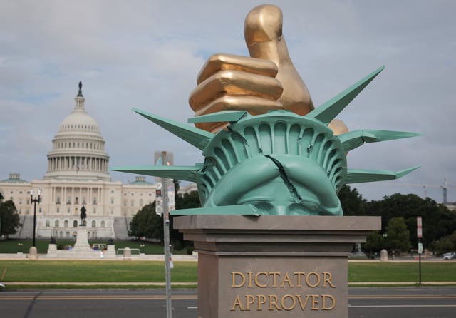 An anti-Trump art installation statue is seen in front of the U.S. Capitol on the National Mall on June 17, 2025 in Washington, D.C.