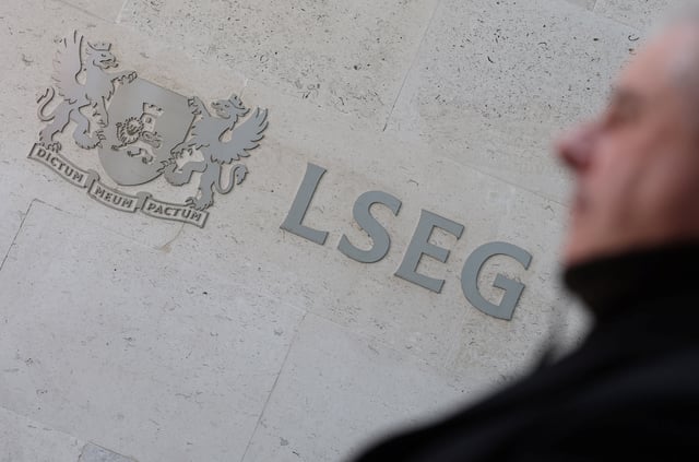 Signage is seen outside the LSEG (London Stock Exchange Group) headquarters in Paternoster Square, London, Britain, April 25, 2025. REUTERS/Toby Melville/File Photo