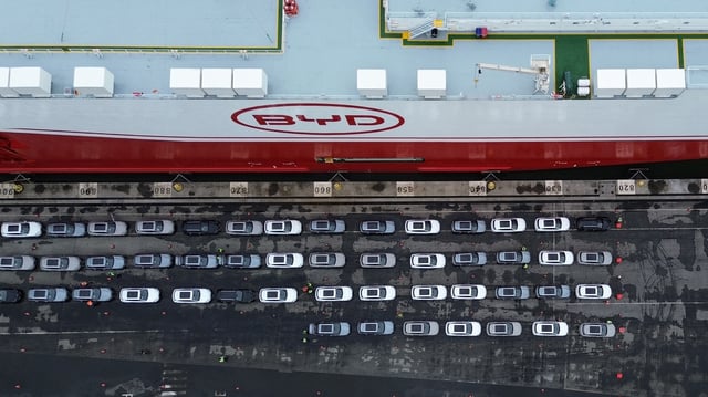 A drone view shows a BYD vessel at the Itajai port in Santa Catarina, Brazil May 28, 2025. REUTERS/Anderson Cohelo