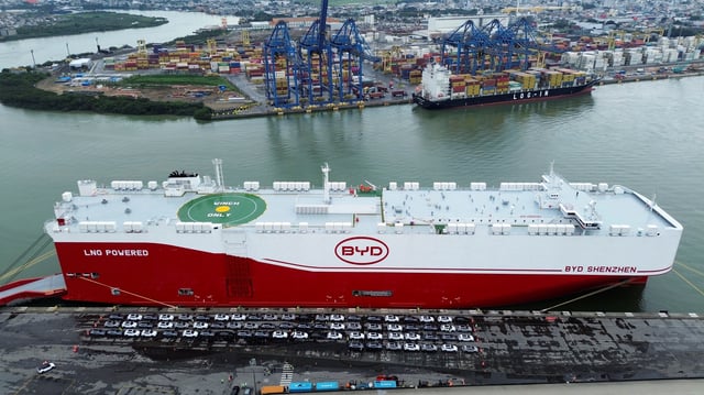 A drone view shows a BYD vessel docking to deliver vehicles at the Itajai port in Santa Catarina, Brazil May 28, 2025. REUTERS/Anderson Cohelo