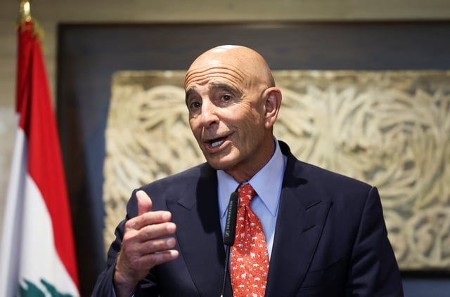 U.S. Ambassador to Turkey and U.S. special envoy for Syria Thomas Barrack speaks after meeting with Lebanese Parliament Speaker Nabih Berri in Beirut, Lebanon June 19, 2025. REUTERS/Mohamed Azakir