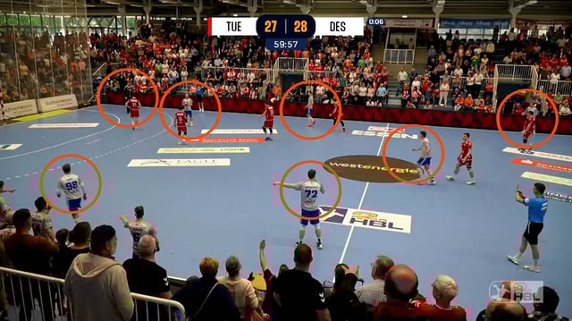 Handball-Spielszene, 7 Dessauer Spieler sind grafisch eingekreist.