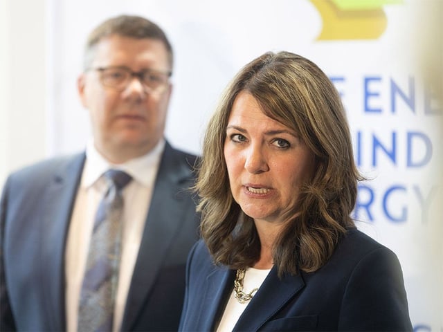 Alberta Premier Danielle Smith and Saskatchewan Premier Scott Moe take part in a joint press conference following a talk hosted by Enserva in  Calgary on Monday, June 16, 2025.