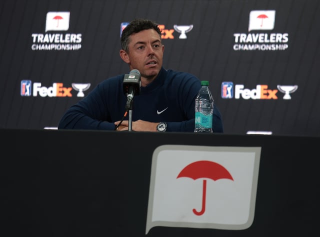 Rory McIlroy of Northern Ireland attends a press conference prior to the Travelers Championship 2025 at TPC River Highlands on June 18, 2025 in Cromwell, Connecticut.