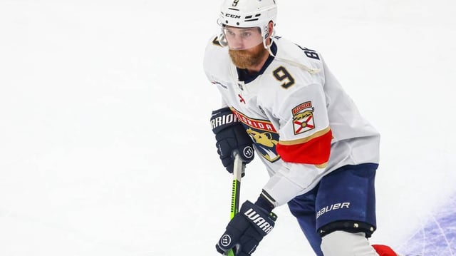 Florida Panthers center Sam Bennett (9) skates during the warmup period against the Edmonton Oilers in game five of the 2025 Stanley Cup Final at Rogers Place.