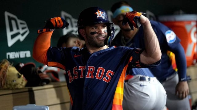 Jun 18, 2025; West Sacramento, California, USA; Houston Astros left fielder Jose Altuve (27) reacts after hitting a three-run home run against the Athletics in the sixth inning at Sutter Health Park. Mandatory Credit: Cary Edmondson-Imagn Images
