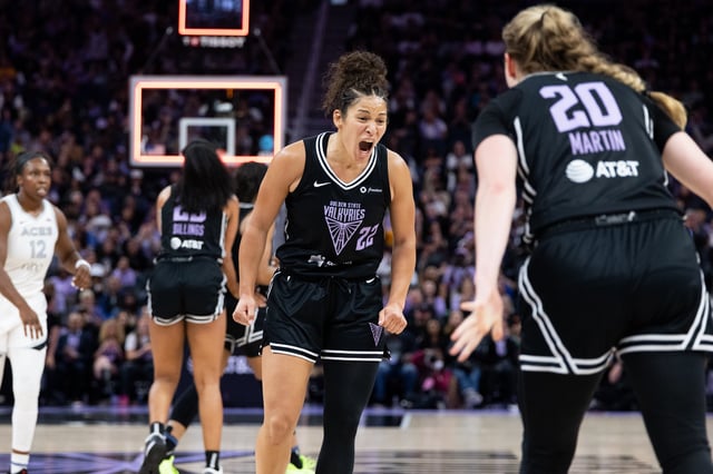 Golden State Valkyries guard Veronica Burton and guard Kate Martin interact during the second half of a WNBA basketball game against the Las Vegas Aces in San Francisco on Saturday, June 7, 2025.
