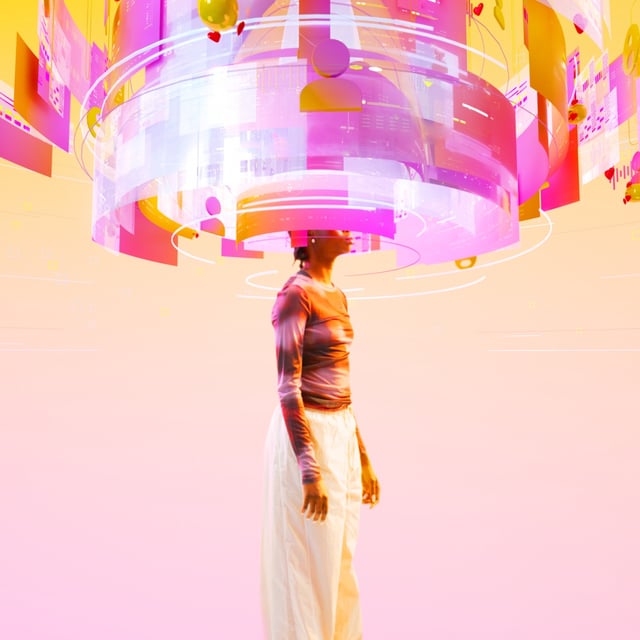 woman amid a circular vortex of screens
