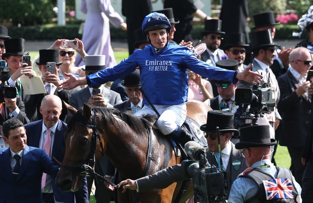 Horse Racing - Royal Ascot 2025 - Ascot Racecourse, Ascot, Britain - June 19, 2025 William Buick, jockey of Trawlerman reacts after winning the 16:20 Gold Cup REUTERS/Toby Melville