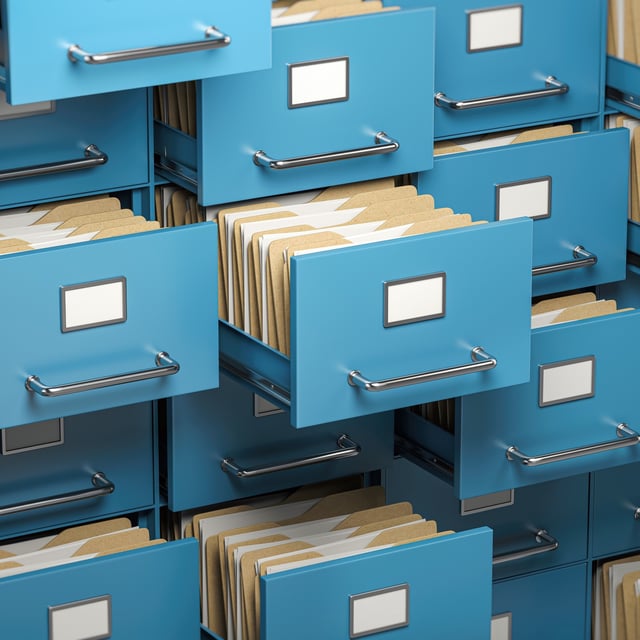 3D illustration of several file cabinets full of folders.