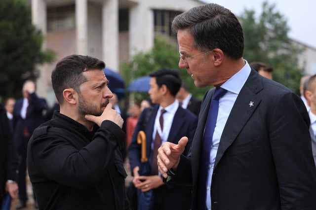 Ukraine&#39;s President Volodymyr Zelensky (L) speaks with NATO Secretary General Mark Rutte during the European Political Community (EPC) summit, in Tirana, Albania on May 16.