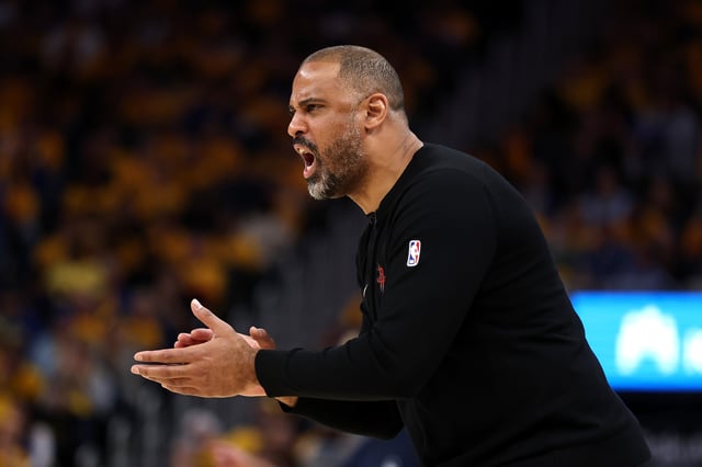 SAN FRANCISCO, CALIFORNIA - MAY 02: Head Coach Ime Udoka of the Houston Rockets reacts against the Golden State Warriors during the fourth quarter in Game Six of the Western Conference First Round NBA Playoffs at Chase Center on May 02, 2025 in San Francisco, California.