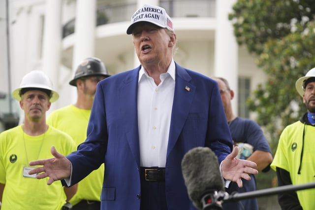 President Donald Trump speaks about a flag pole being installed on the South Lawn of the White House, Wednesday, June 18, 2025, in Washington.
