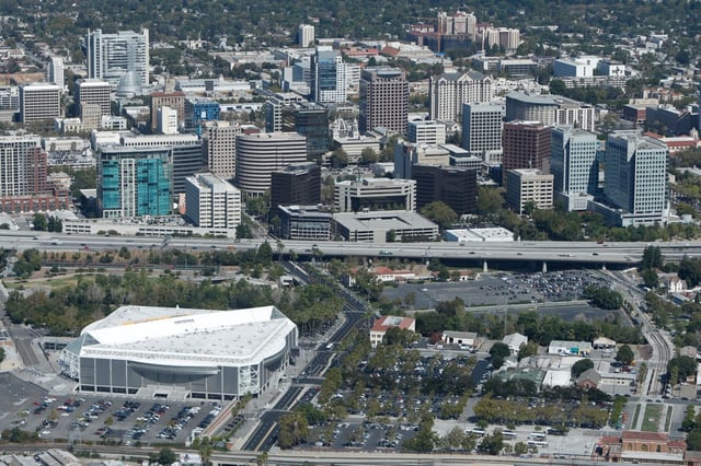 Downtown San Jose, showing the core downtown district in the center and background, and the SAP Center and Diridon Station area, foreground. (Karl Mondon/Staff Archives)
