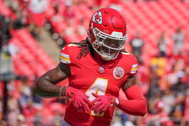 Sep 15, 2024; Kansas City, Missouri, USA; Kansas City Chiefs wide receiver Rashee Rice (4) warms up against the Cincinnati Bengals prior to a game at GEHA Field at Arrowhead Stadium. Mandatory Credit: Denny Medley-Imagn Images/File Photo