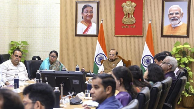 Delhi LG VK Saxena and chief minister Rekha Gupta at the meeting on infrastructure and safety conditions at Maulana Azad Medical College on Thursday. (PTI)