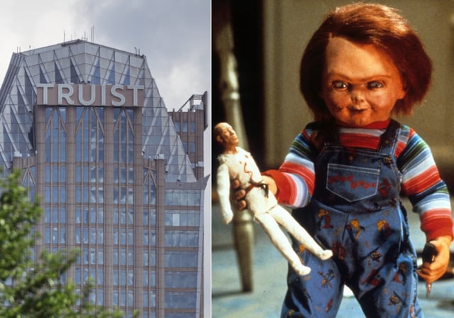 (L-R:) A file photo of The Truist Financial headquarters in Charlotte, N.C., and Chucky with doll in a scene from the film 'Child's Play.'