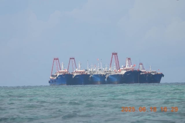 Ships belonging to China&#39;s so-called Maritime Militia spotted at Iroquois Reef in the South China Sea&#39;s disputed Spratly Islands on June 19, 2025.