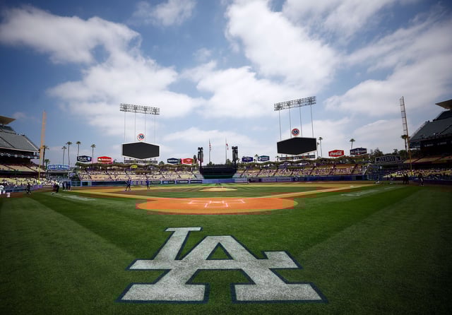 The Los Angeles Dodgers logo on the field before game one of a doubleheader against the Arizona Diamondbacks at Dodger Stadium on May 17, 2022 in Los Angeles, California.
