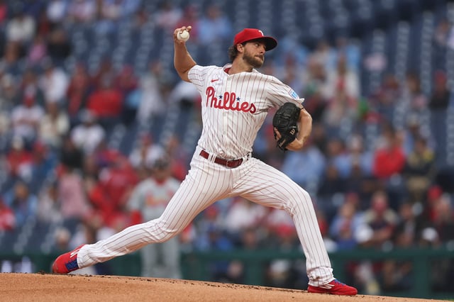 May 14, 2025; Philadelphia, Pennsylvania, USA; Philadelphia Phillies pitcher Aaron Nola (27) throws a pitch during the first inning against the St. Louis Cardinals at Citizens Bank Park. Mandatory Credit: Bill Streicher-Imagn Images/File Photo