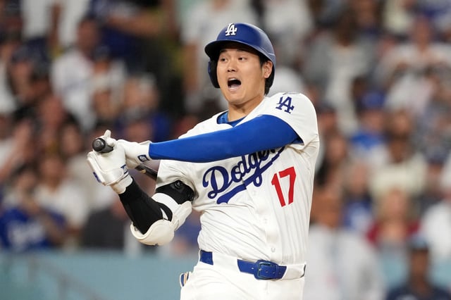Jun 18, 2025; Los Angeles, California, USA; Los Angeles Dodgers designated hitter Shohei Ohtani (17) bats against the San Diego Padres at Dodger Stadium. Mandatory Credit: Kirby Lee-Imagn Images/File Photo
