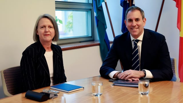 Secretary to the Treasury Jenny Wilkinson and Treasurer Jim Chalmers. (AAP Image/Hilary Wardhaugh)