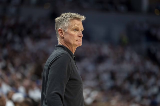 May 8, 2025; Minneapolis, Minnesota, USA; Golden State Warriors head coach Steve Kerr looks on against the Minnesota Timberwolves during game two of the second round for the 2025 NBA Playoffs at Target Center. Mandatory Credit: Jesse Johnson-Imagn Images/File Photo