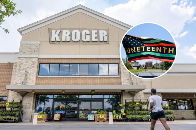 A customer walks into a Kroger grocery store in Houston, Texas on September 9, 2022. A Juneteenth flag flies in Galveston, Texas on June 19, 2024.