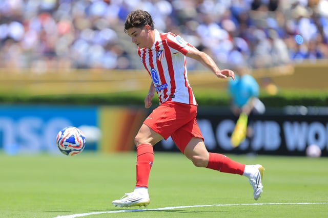 Julian Alvarez of Atletico de Madrid drives the ball during the FIFA Club World Cup 2025 group B match between Paris Saint-Germain FC and Club Atletico de Madrid at Rose Bowl Stadium on June 15, 2025 in Pasadena, California.
