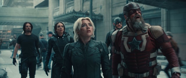 (L-R) Bucky Barnes (Sebastian Stan), Ghost (Hannah John-Kamen), Yelena Belova (Florence Pugh), John Walker (Wyatt Russell), and Red Guardian/Alexei Shostakov (David Harbour) in Marvel Studios&#39; THUNDERBOLTS*.