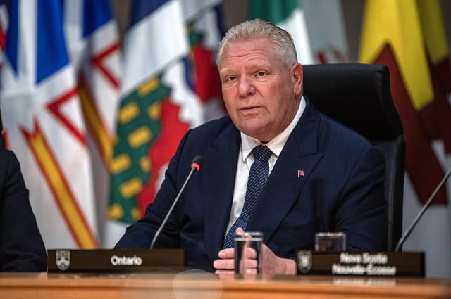 Premier of Ontario Doug Ford speaks to media during the First Minister’s Meeting in Saskatoon on Monday, June 2, 2025. 
