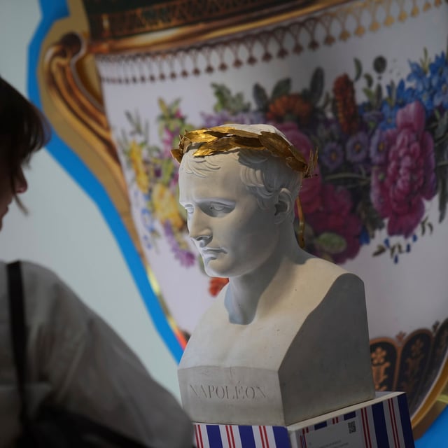 A woman watches a Napoleon bust in an exhibition of Napoleon's belongings created by French designer Jean-Charles de Castelbajac at the Sotheby's auction house in Paris Thursday, June 19, 2025 in Paris. (AP Photo/Christophe Ena)