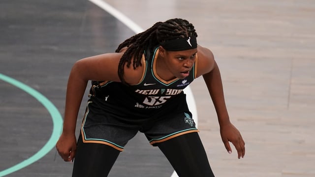 New York Liberty center Jonquel Jones (35) during a WNBA basketball game against the Las Vegas Aces in New York, Saturday, May 17, 2025. (AP Photo/Vera Nieuwenhuis)